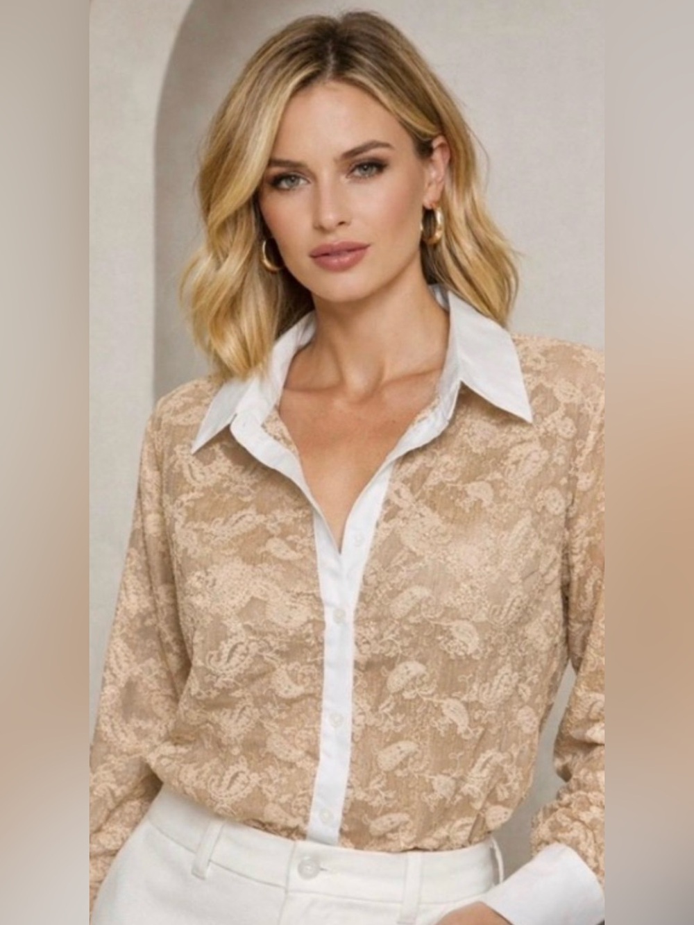 New Boutique Women's Lace Button-Front Shirt - Beige size Large 🌺 Beige Bin